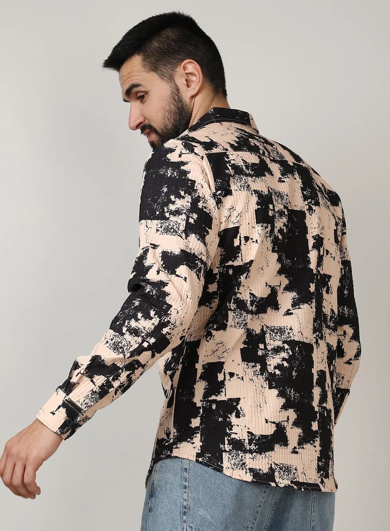 Campus Sutra Men's Beige & Black Paint Strokes Shirt