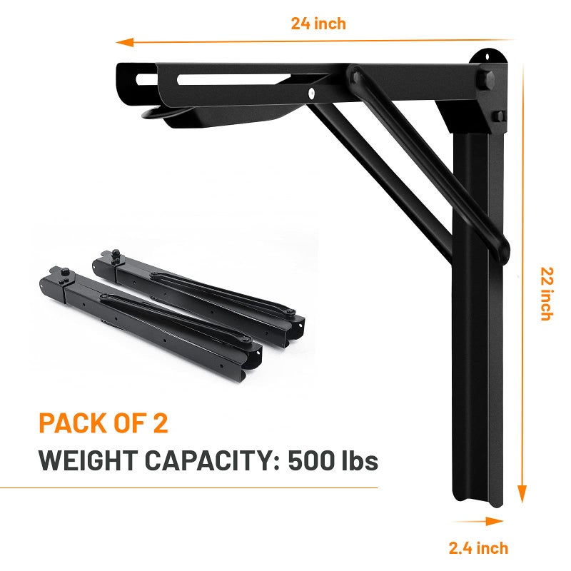 Wallmaster 24inch Folding Shelf Brackets Garage Heavy Duty Steel Max Load 500lb Floating Wall Mounted Collapsible Shelf Bracket Space Saving (Pack of 2, No Board) - Image 2
