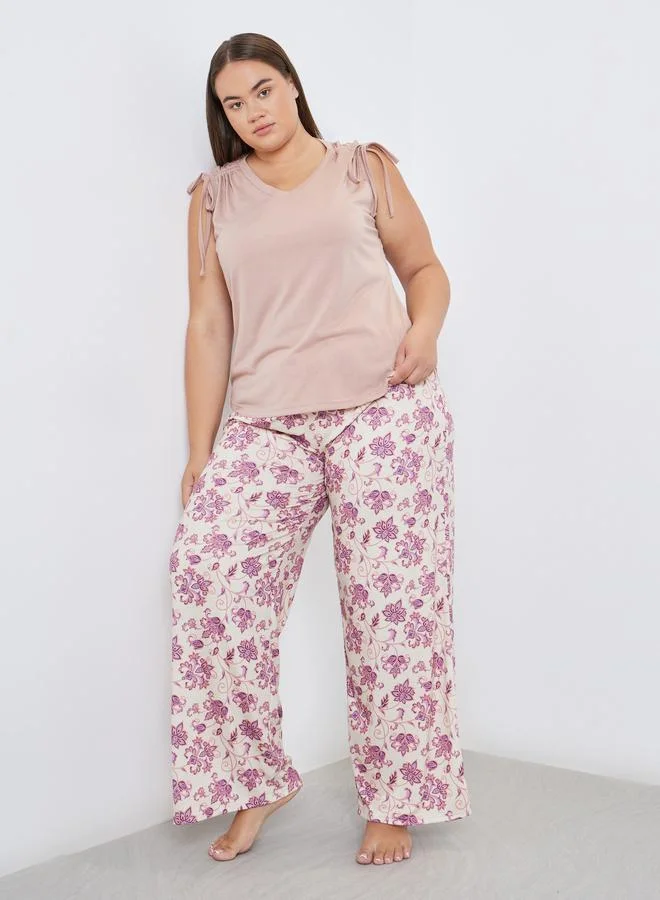 Styli Styli Plus Ruched Shoulder Tank and Floral Pyjama Set