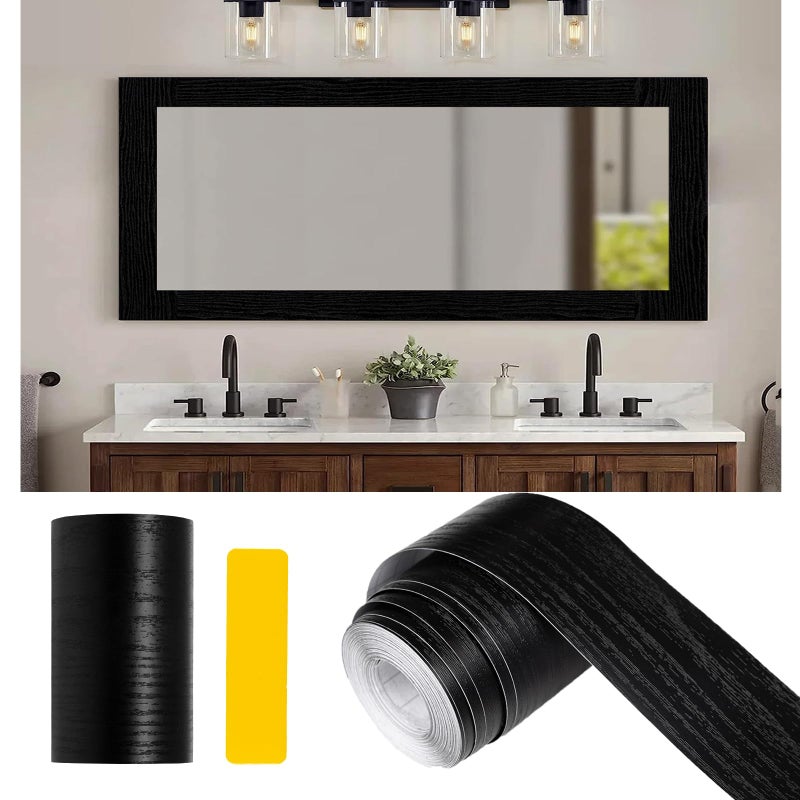 Alened 10M Black Wood Grain Mirror Frame Border Peel and Stick Wallpaper Removable PVC Waterproof Bathroom Mirror Tape Sticker Trim Kitchen Wallpaper Self Adhesive Decor Sticker 393 x 393