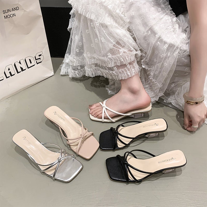 Women'S Summer 2025 French-Style Evening New Chunky Heel Mules Sandals Silver - Image 4
