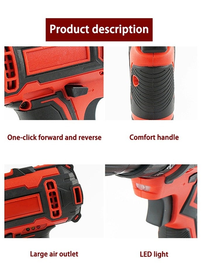 WEMART 48V Variable Speed ​​Drive Drill, 25+3 Position Clutch, 186 lbs Max Torque, Two Li-Ion Batteries and Fast Charger, 3/8" Drill Kit, LED Work Light, 24 Accessories + 32 Position Box, Red - Image 2