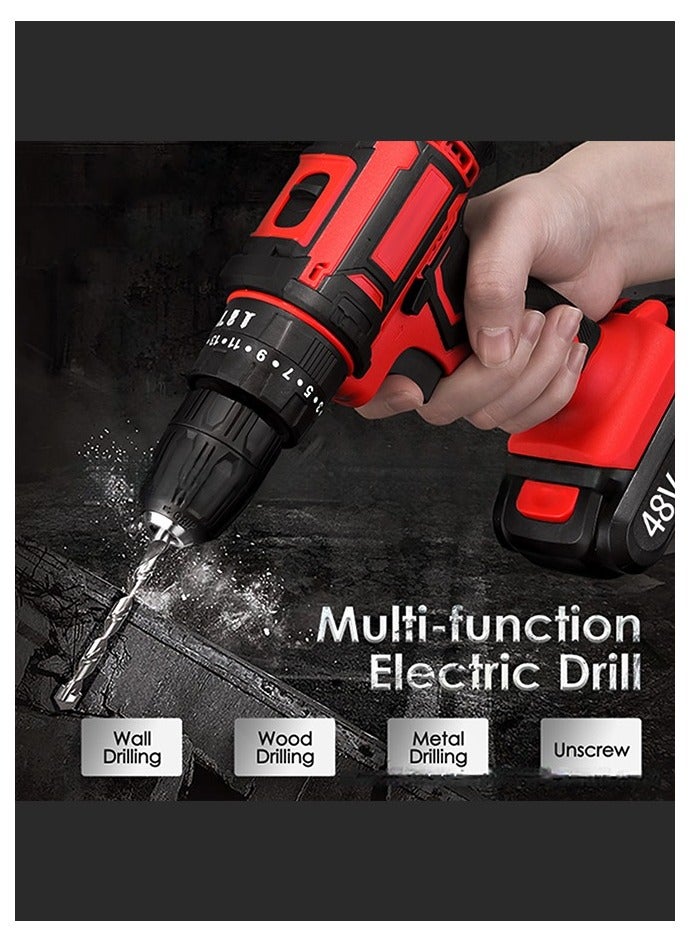 WEMART 48V Variable Speed ​​Drive Drill, 25+3 Position Clutch, 186 lbs Max Torque, Two Li-Ion Batteries and Fast Charger, 3/8" Drill Kit, LED Work Light, 24 Accessories + 32 Position Box, Red - Image 5