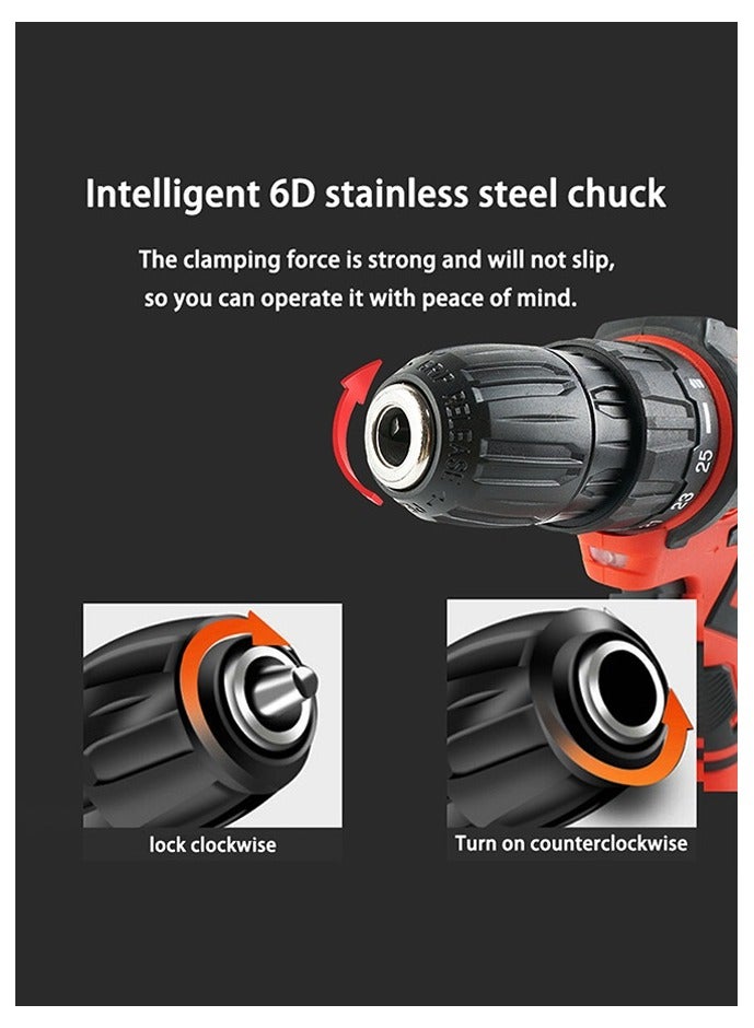 WEMART 48V Variable Speed ​​Drive Drill, 25+3 Position Clutch, 186 lbs Max Torque, Two Li-Ion Batteries and Fast Charger, 3/8" Drill Kit, LED Work Light, 24 Accessories + 32 Position Box, Red - Image 4