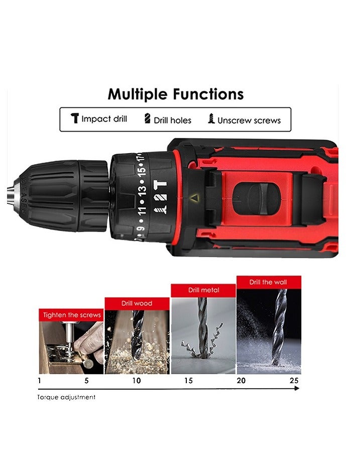 WEMART 48V Variable Speed ​​Drive Drill, 25+3 Position Clutch, 186 lbs Max Torque, Two Li-Ion Batteries and Fast Charger, 3/8" Drill Kit, LED Work Light, 24 Accessories + 32 Position Box, Red - Image 3
