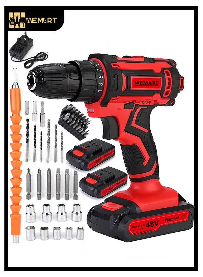 WEMART 48V Variable Speed ​​Drive Drill, 25+3 Position Clutch, 186 lbs Max Torque, Two Li-Ion Batteries and Fast Charger, 3/8" Drill Kit, LED Work Light, 24 Accessories + 32 Position Box, Red - Image 1