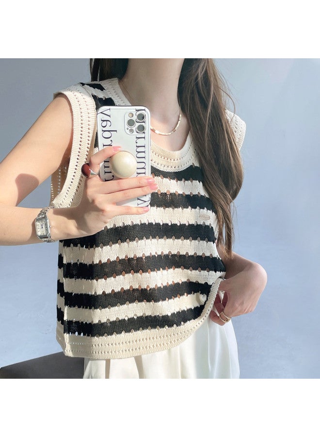 Modal Knitted Color-Block Striped Hollowed-Out Camisole Women'S Spring Summer Loose Short Waistcoat Sleeveless Top For Outer Wear - Image 2