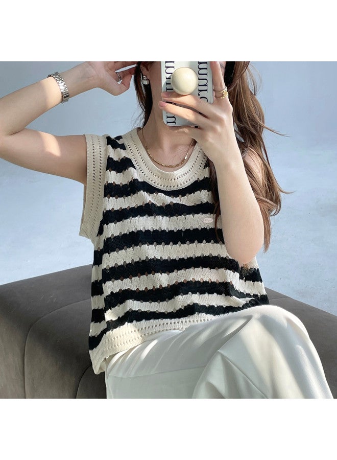Modal Knitted Color-Block Striped Hollowed-Out Camisole Women'S Spring Summer Loose Short Waistcoat Sleeveless Top For Outer Wear - Image 3
