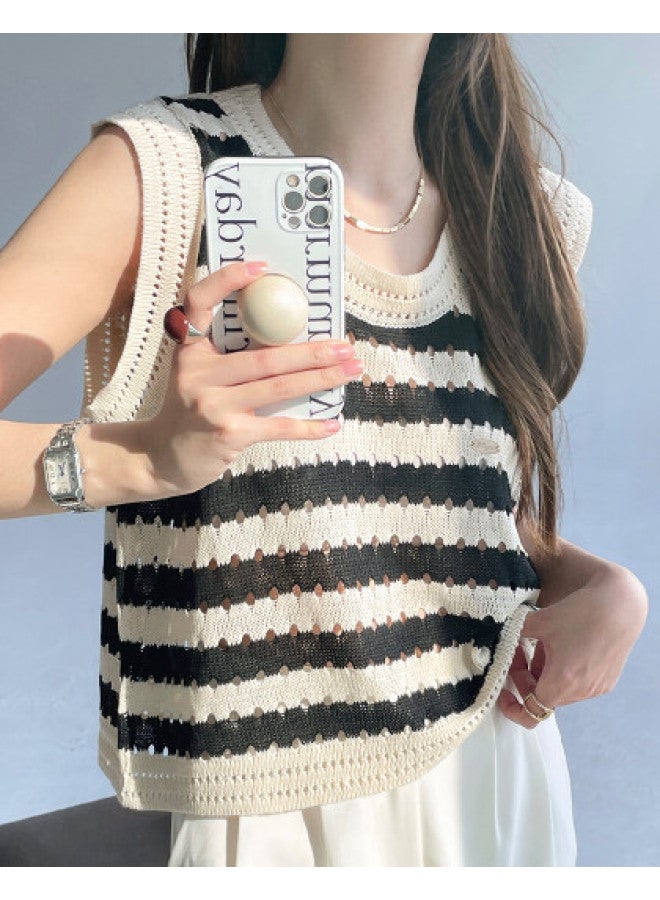 Modal Knitted Color-Block Striped Hollowed-Out Camisole Women'S Spring Summer Loose Short Waistcoat Sleeveless Top For Outer Wear - Image 1