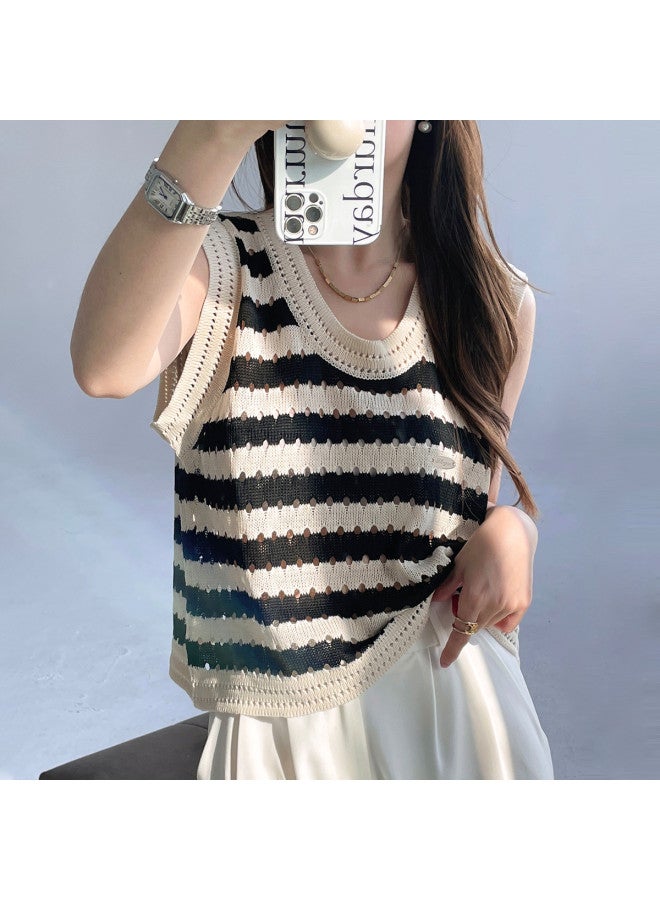 Modal Knitted Color-Block Striped Hollowed-Out Camisole Women'S Spring Summer Loose Short Waistcoat Sleeveless Top For Outer Wear - Image 5