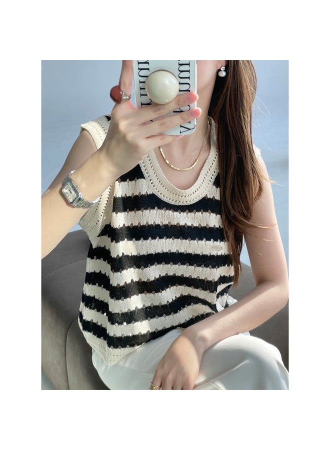 Modal Knitted Color-Block Striped Hollowed-Out Camisole Women'S Spring Summer Loose Short Waistcoat Sleeveless Top For Outer Wear - Image 4