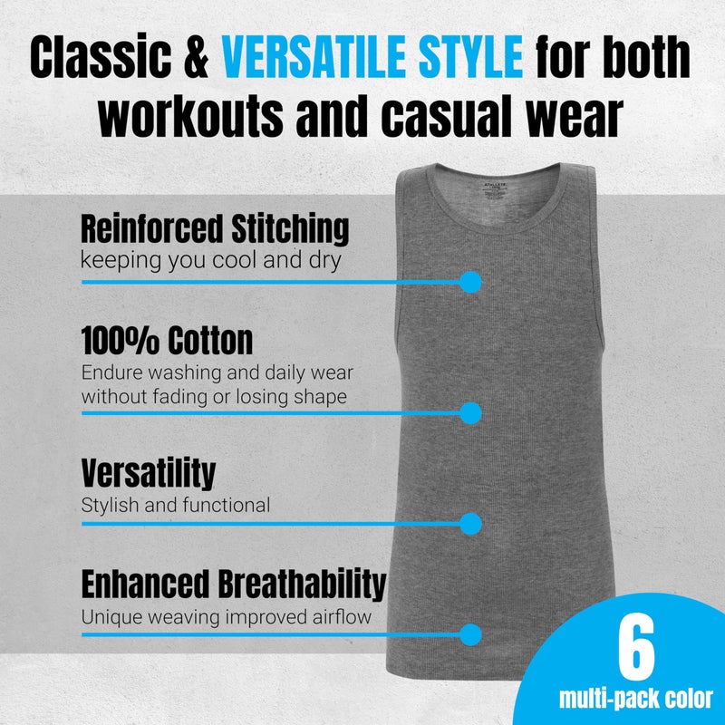 Athllete Menâ€™s Athletic Fit Tank Tops 6 Pack - 100% Cotton Breathable Sleeveless Undershirts - Image 4