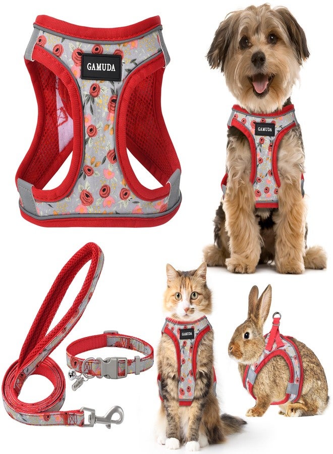 GAMUDA Small Dog Harness Collar and Leash Set, Step in No Chock No Pull Soft Mesh Adjustable Dog Vest Harnesses Plaid Reflective for Dogs Puppy Cats Kitten Rabbit (Red Flower, S) - Image 1
