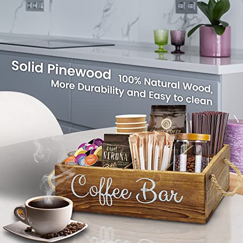 QUALLON Coffee Station Organizer with Small Removable Dividers, Wooden Coffee Bar Accessories Storage For Countertop, Farmhouse Kcup Coffee Pod Holder Basket With Handle For Coffee Lover - Image 4