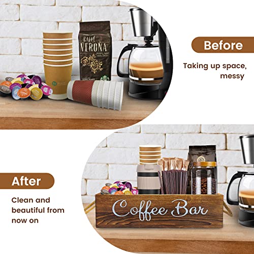 QUALLON Coffee Station Organizer with Small Removable Dividers, Wooden Coffee Bar Accessories Storage For Countertop, Farmhouse Kcup Coffee Pod Holder Basket With Handle For Coffee Lover - Image 3