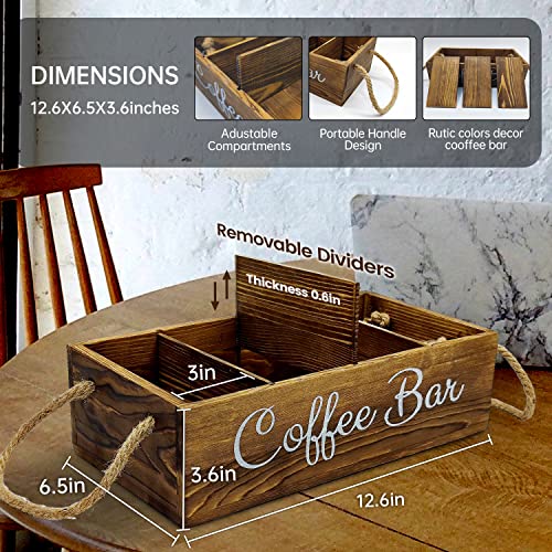 QUALLON Coffee Station Organizer with Small Removable Dividers, Wooden Coffee Bar Accessories Storage For Countertop, Farmhouse Kcup Coffee Pod Holder Basket With Handle For Coffee Lover - Image 2