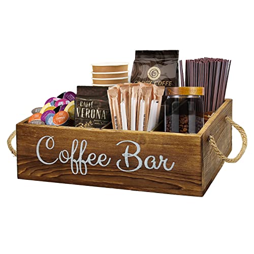 QUALLON Coffee Station Organizer with Small Removable Dividers, Wooden Coffee Bar Accessories Storage For Countertop, Farmhouse Kcup Coffee Pod Holder Basket With Handle For Coffee Lover - Image 1