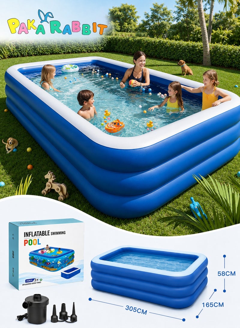 Paka Rabbit 305x 165 x 58CM Large Inflatable Swimming Pool with Air Pump Included, Family Pool for Kids and Adults, Thickened Backyard Above Ground Pool for Summer Water Fun, Outdoor Party, Indoor Entertainment Activities - Image 1