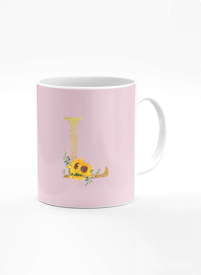 Stylizedd Designer Printed Coffee Mug 11oz Ceramic Personalised Gift Mugs Cup Custom Monogram Initial Letter Mandala Floral Pattern Alphabet L (Pink) - Image 1