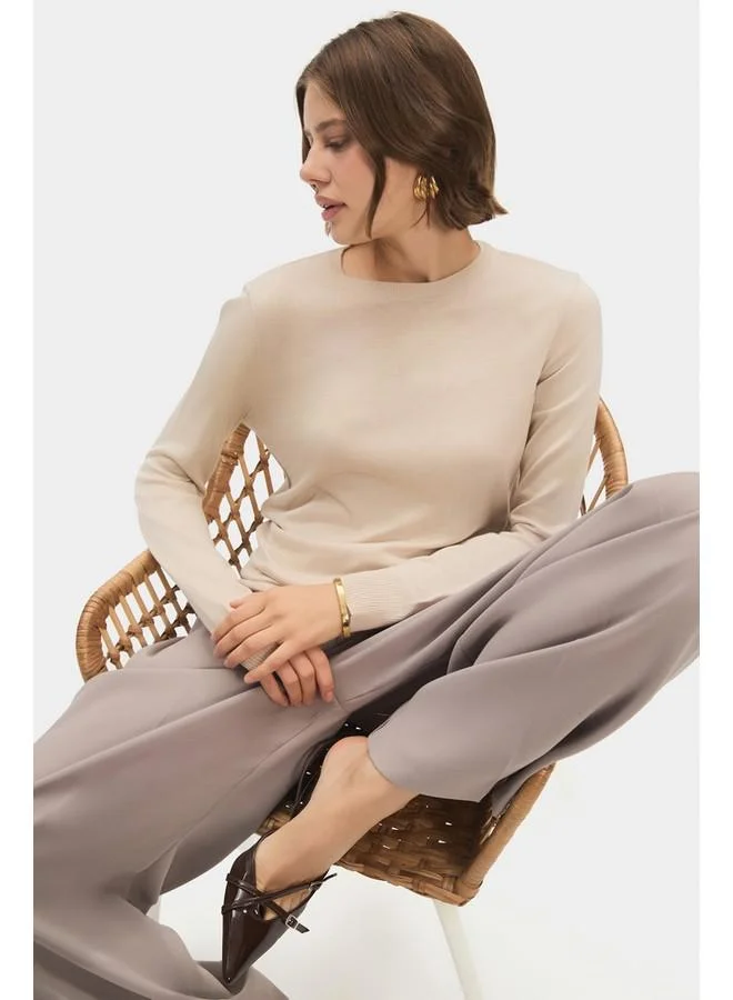 JUNE June Women Exclusive Crew Neck Viscose Blend Knitwear Sweater Beige
