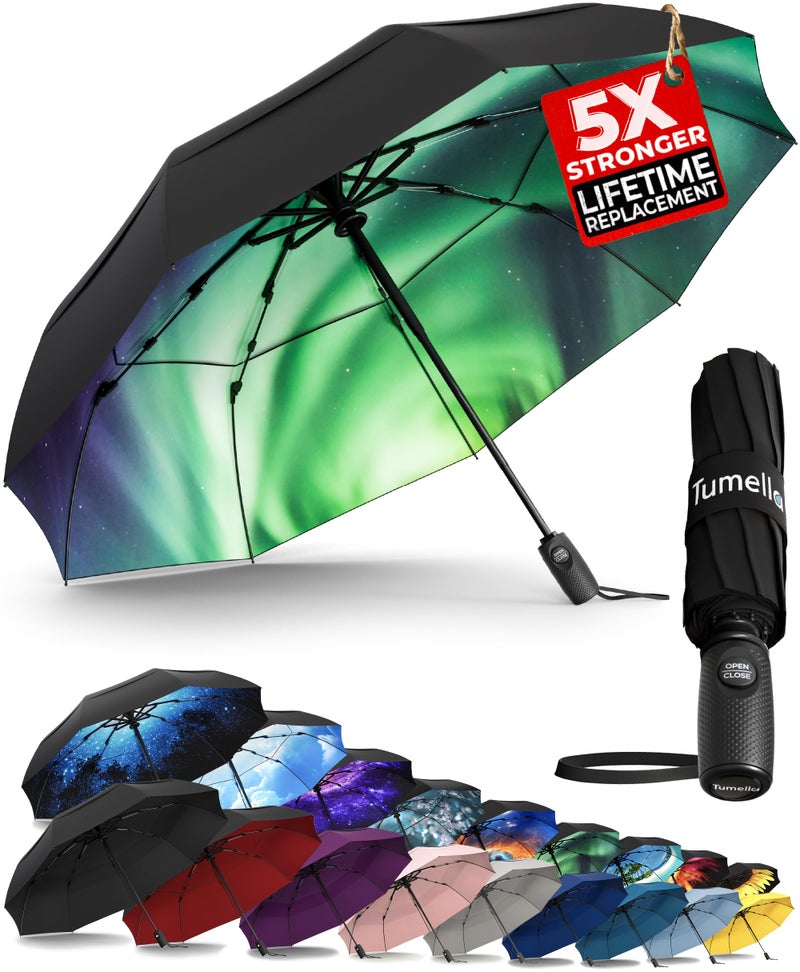 TUMELLA Strongest Windproof Travel Umbrella (Compact, Superior & Beautiful), Small Strong but Light Portable and Automatic Folding Rain Umbrella, Durable Premium Grip, Fits Car and Backpack - Image 1