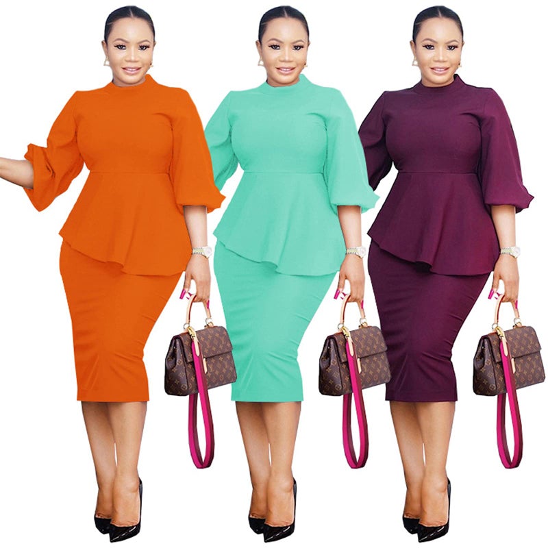Ekaliy Women's Ruffle Sleeve Vintage Bodycon Peplum Business Formal Work Pencil Dress XXL Orange - Image 3