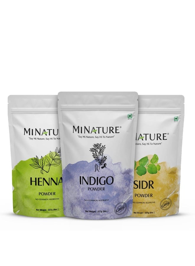 minature Pack of 3, Natural And Organic Henna, Sidr, & Indigo Powder| Sourced from natural ingredients | Hair Mask For Hair Growth, Conditioning, and natural color | Chemical free| Unisex | (227g *3) - Image 1