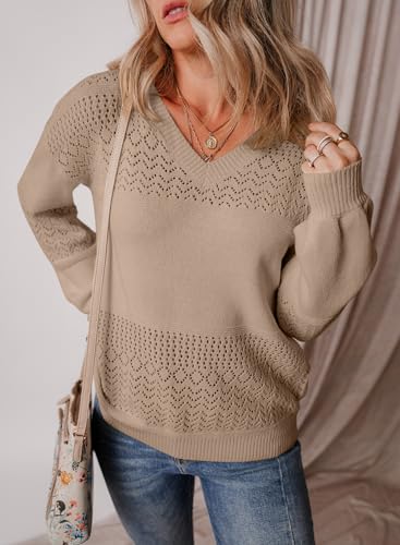 Shein SHEWIN Womens Fall Fashion Crochet Sweaters Casual Lightweight Long Sleeve Hollow Out Sweater Tops V Neck Cable Knit Pullover Jumper Fall Outfits for Women 2025, M, Camel - Image 3