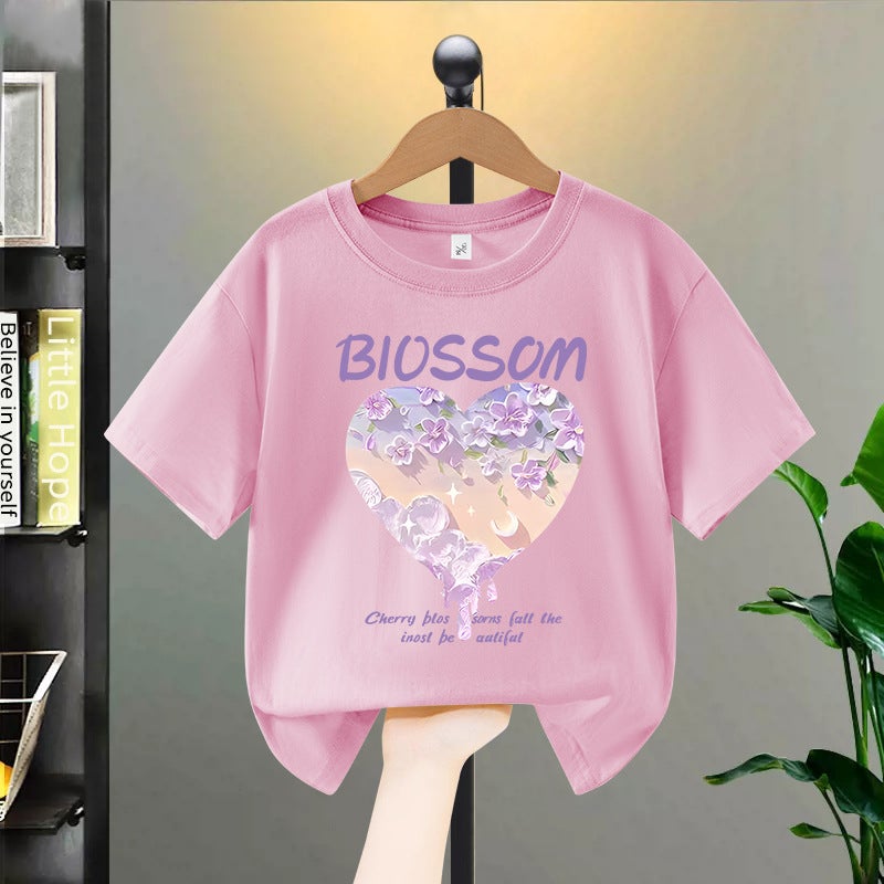 Girls' Short-Sleeved T-Shirt Arrival Butterfly Love Printed Children'S Summer Mid-Big Children'S Popular Pure Cotton Top Trendy - Image 1