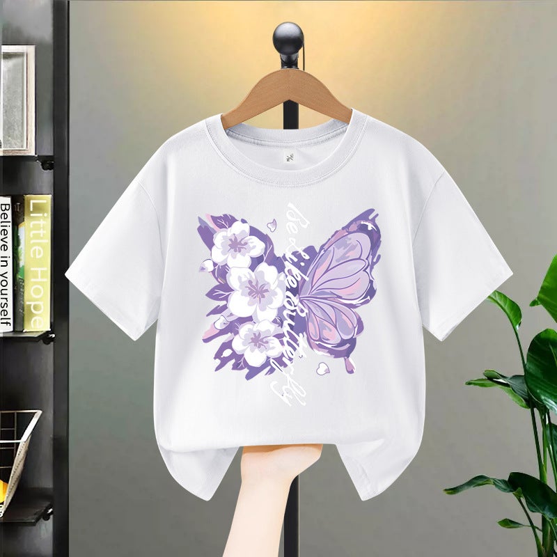 Girls' Short-Sleeved T-Shirt Arrival Butterfly Love Printed Children'S Summer Mid-Big Children'S Popular Pure Cotton Top Trendy - Image 5
