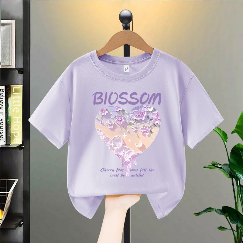 Girls' Short-Sleeved T-Shirt Arrival Butterfly Love Printed Children'S Summer Mid-Big Children'S Popular Pure Cotton Top Trendy - Image 4