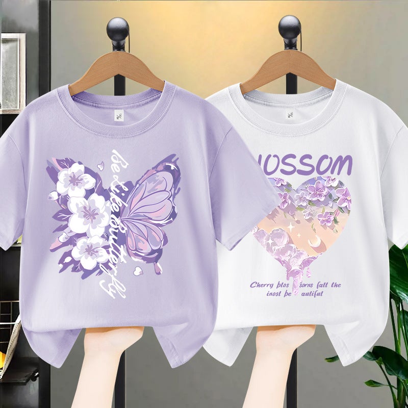 Girls' Short-Sleeved T-Shirt Arrival Butterfly Love Printed Children'S Summer Mid-Big Children'S Popular Pure Cotton Top Trendy - Image 2