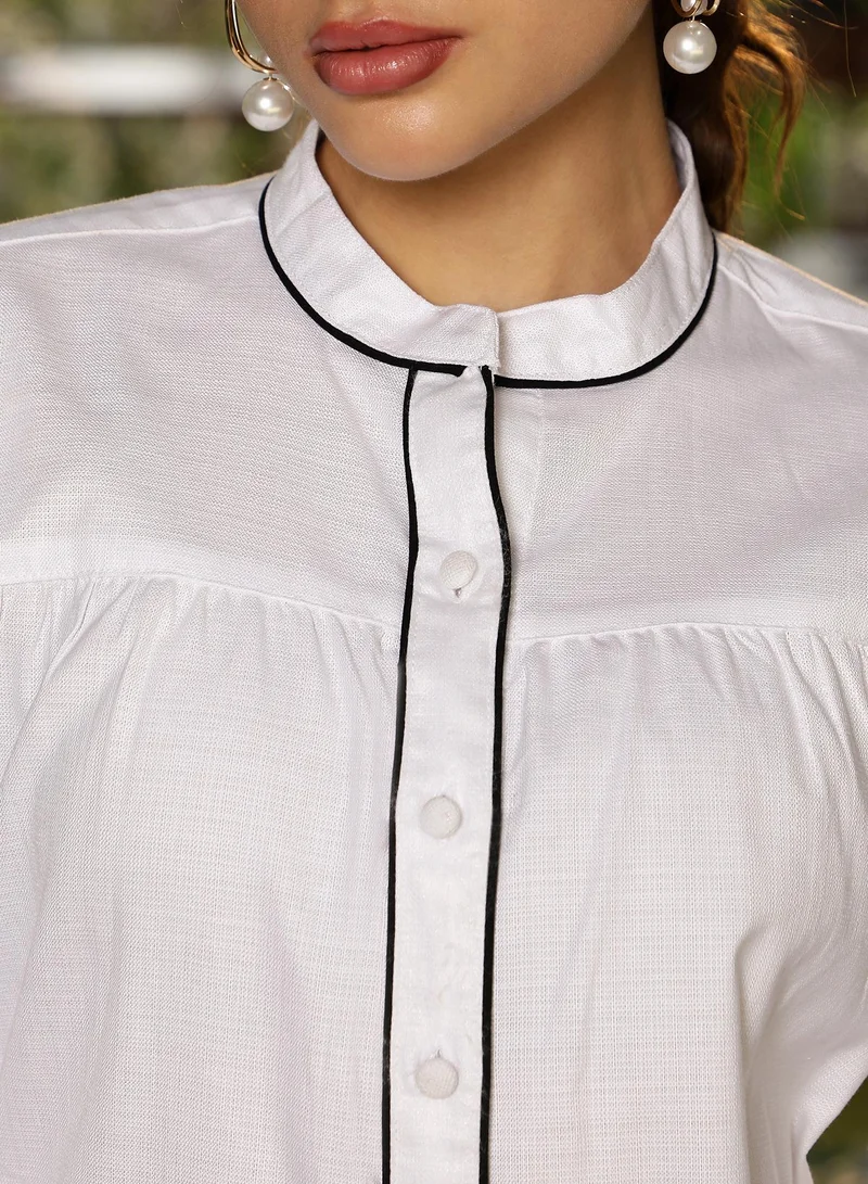 Pinacolada  Women's White Plain/Basic Relaxed Shirt For Casual Wear | Mandarin Neck | Long Sleeve | Button Closure | Shirt Crafted With Polyester Comfort Fit For Everyday Wear for Women | Best Price UAE