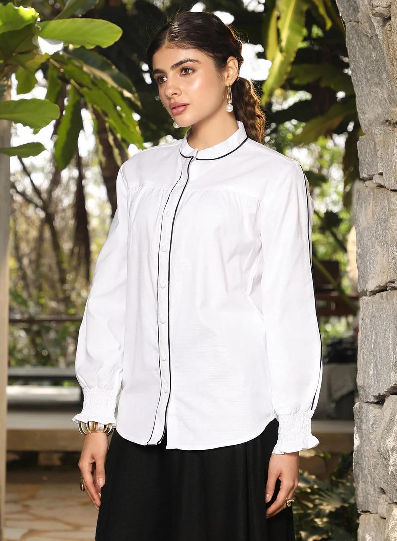 Pinacolada  Women's White Plain/Basic Relaxed Shirt For Casual Wear | Mandarin Neck | Long Sleeve | Button Closure | Shirt Crafted With Polyester Comfort Fit For Everyday Wear for Women | Best Price UAE