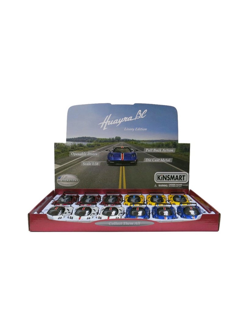 Kinsmart Pack of 12 Pcs 1:38 Scale Door Openable Pull Back Action 2016 Pagani Huayra BC with Printing Diecast Alloy Metal Car-Assorted Colour 