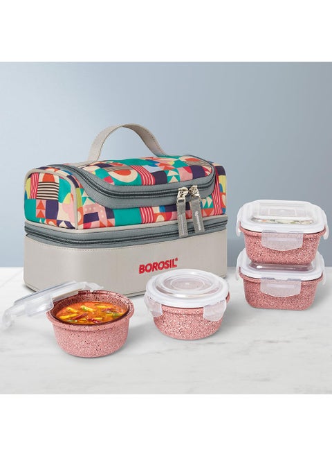 Borosil Kube Pink Universal Borosilicate Glass Lunchbox with Bag Set of 4 320ml x 2 Square 240ml x 2 Round Microwave Dishwasher Safe Leakproof Tiffin for Office School Transparent