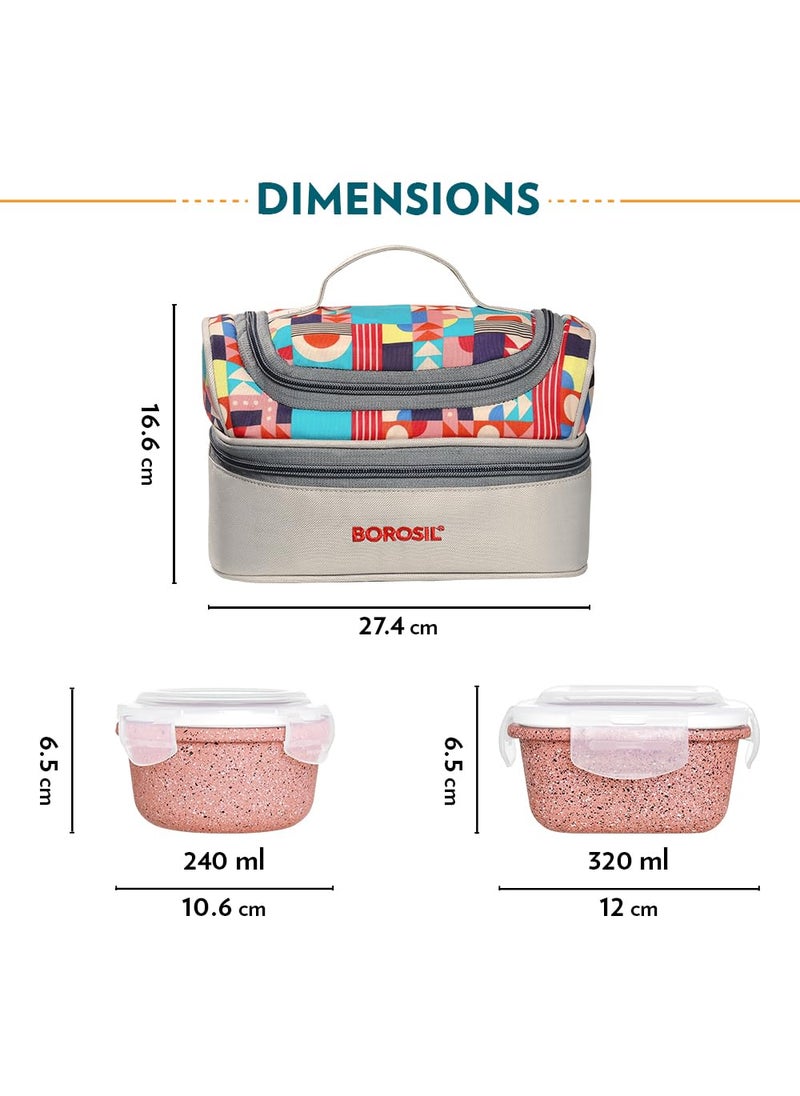 BOROSIL Borosil Kube Pink Universal Borosilicate Glass Lunchbox with Bag Set of 4 320ml x 2 Square 240ml x 2 Round Microwave Dishwasher Safe Leakproof Tiffin for Office School Transparent  - Image 2
