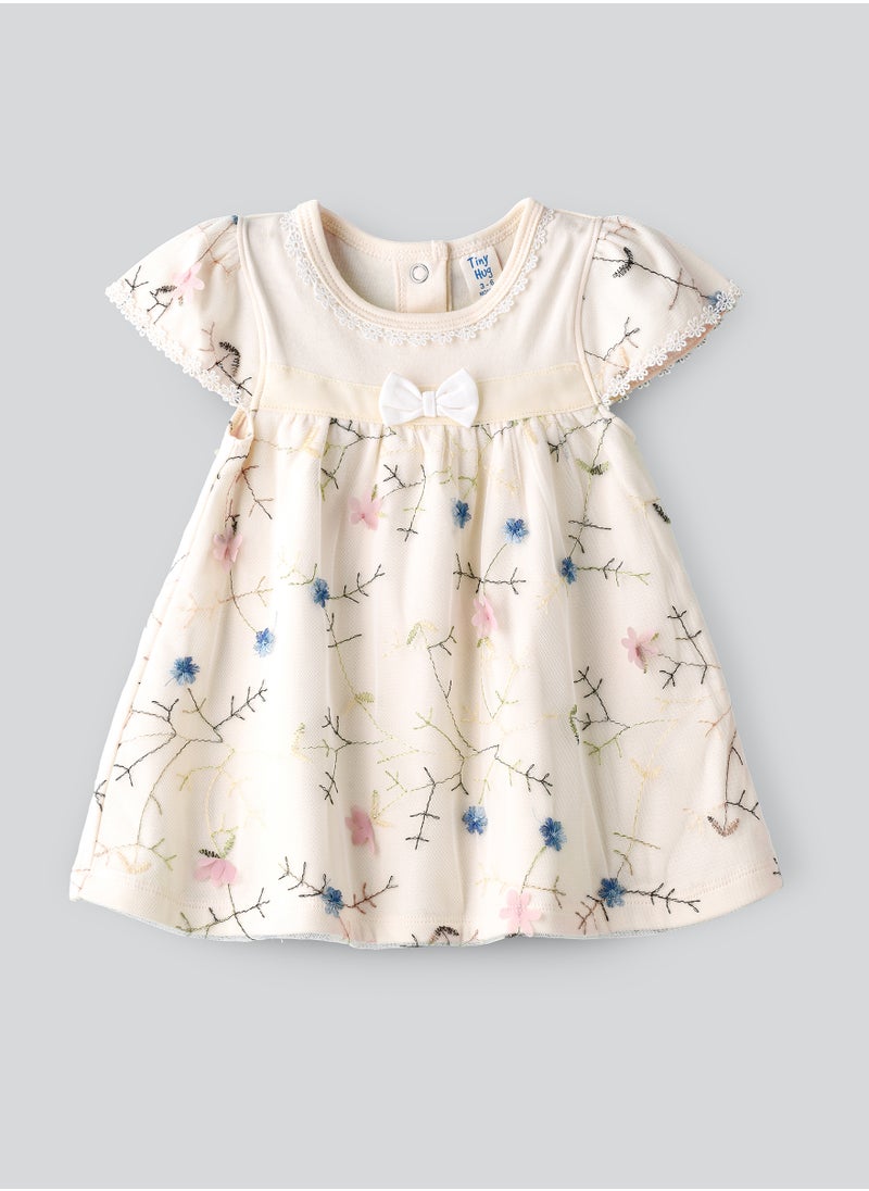 Tiny Hug Embroidered Floral Dress with Lace Trim for Babies  - Image 1