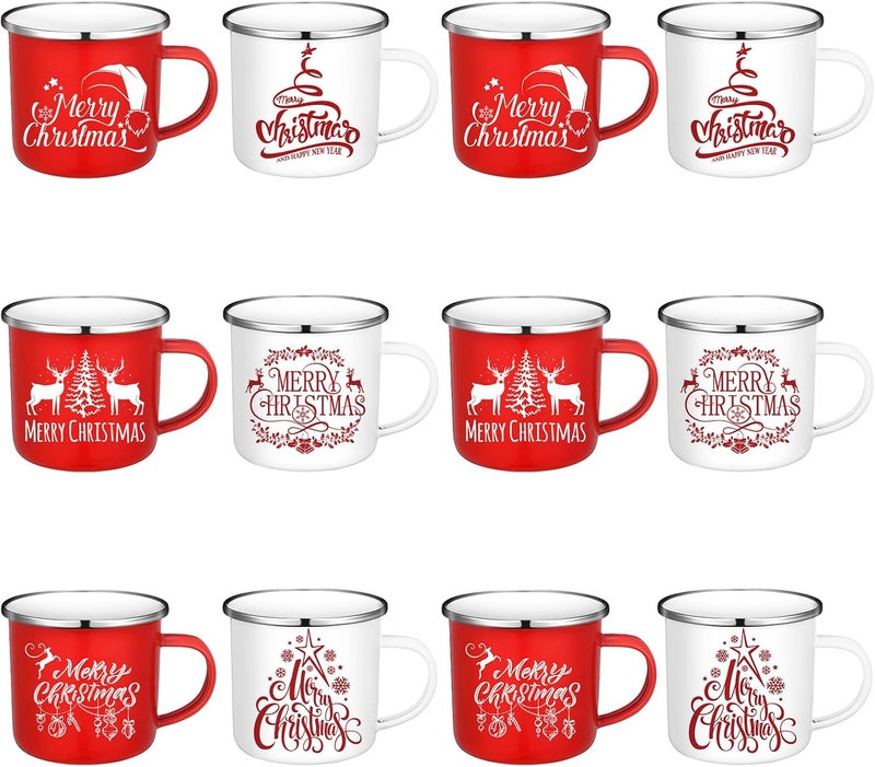 Uiifan 12 Pieces Christmas Holiday Coffee Mugs with Quotes12 oz Enamel Festive Coffee Cup Seasonal Enamel Coffee Mug for Women Coworkers Gifts Camping Hot Chocolate Red WhiteFresh - Image 1