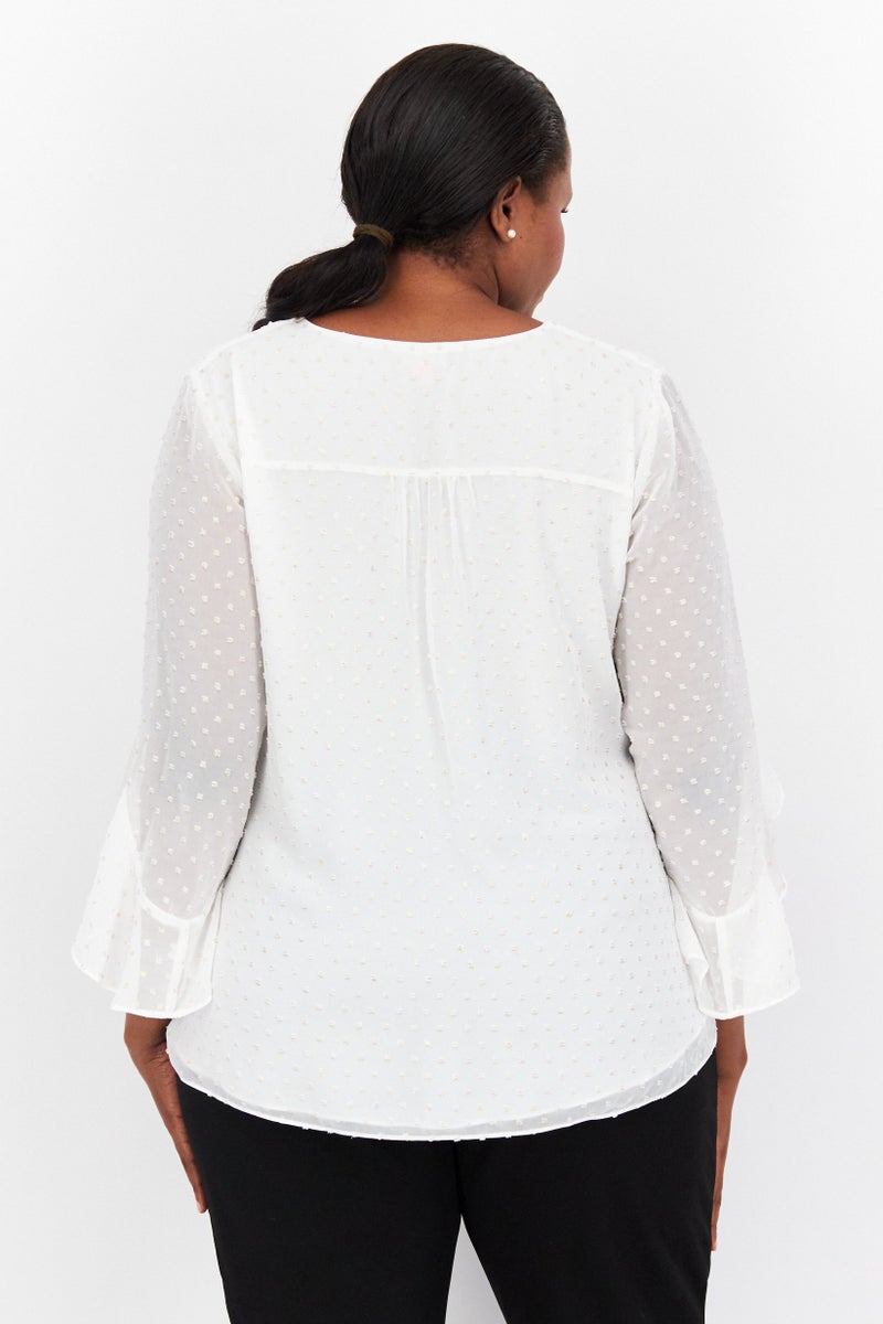 VINCE CAMUTO Women Plus Size V-Neck Flutter Sleeve Swiss Dot Blouse, Ivory - Image 3