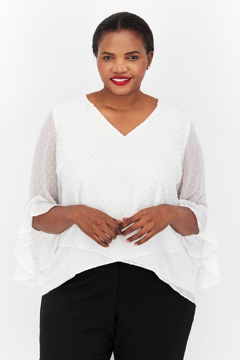 VINCE CAMUTO Women Plus Size V-Neck Flutter Sleeve Swiss Dot Blouse, Ivory - Image 1