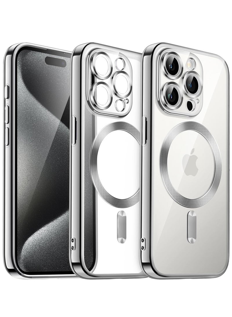 MIGOFAST iPhone 15 Pro Max 6.7-Inch, Camera Lens Full Protection Compatible with MagSafe Wireless Charging Shockproof Electroplated TPU Phone Cover Silver Matte - Image 1