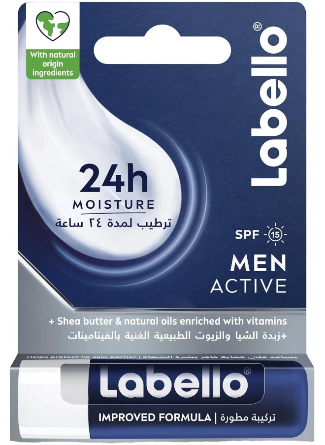 Labello - Labello Men Active Lip Balm, SPF 15, 24H Melt-In Moisture, with naturally derived ingredients, Mineral Oil Free, Fragrance Free, 4.8g - Image 1
