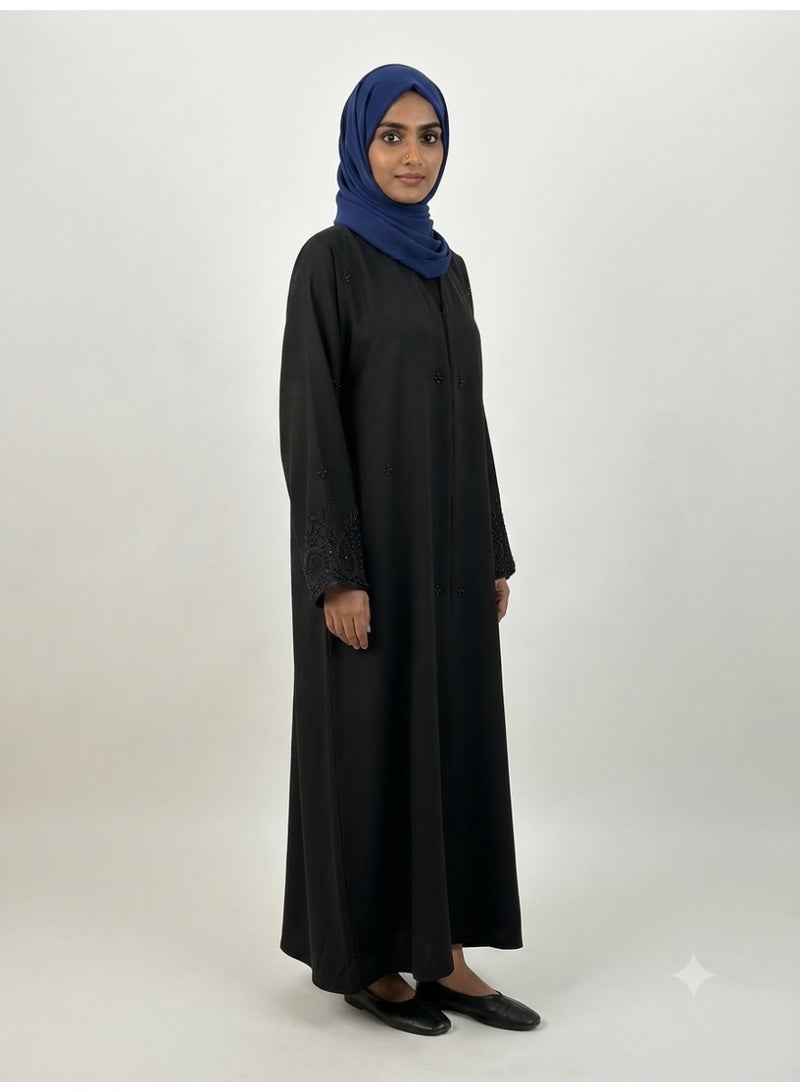 Black Korean Nida Abaya with Handwork and Black Stones - Image 2
