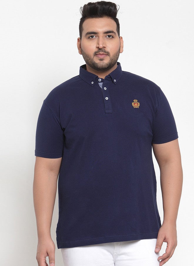 PlusS Navy Blue Solid Polo Collar T-Shirt for Men - Image 1