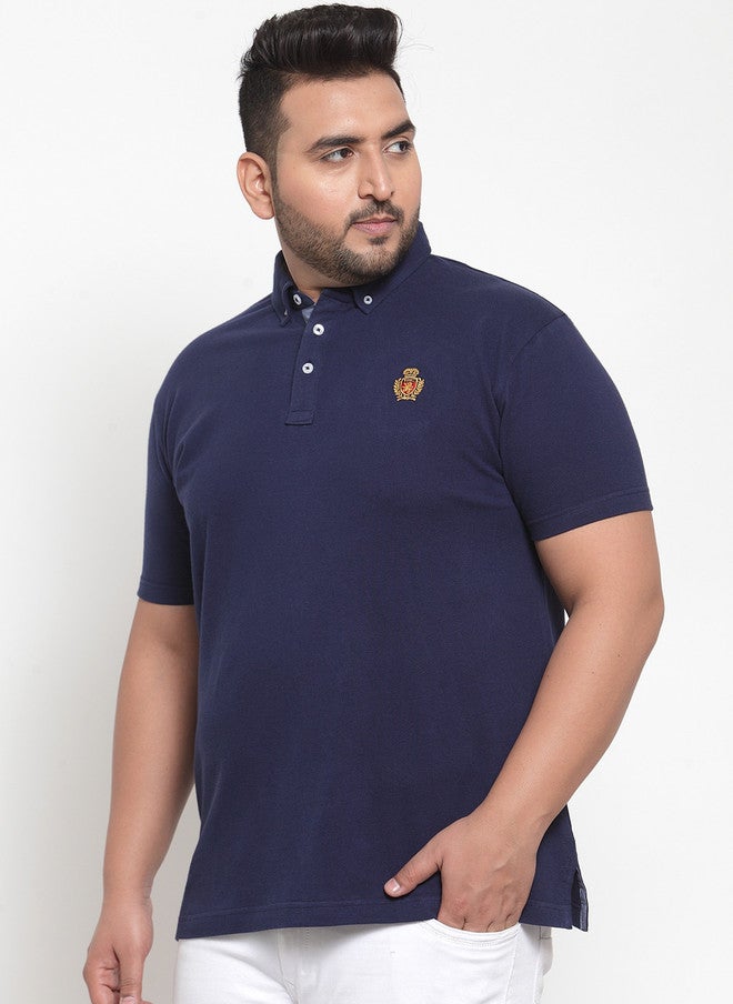 PlusS Navy Blue Solid Polo Collar T-Shirt for Men - Image 3