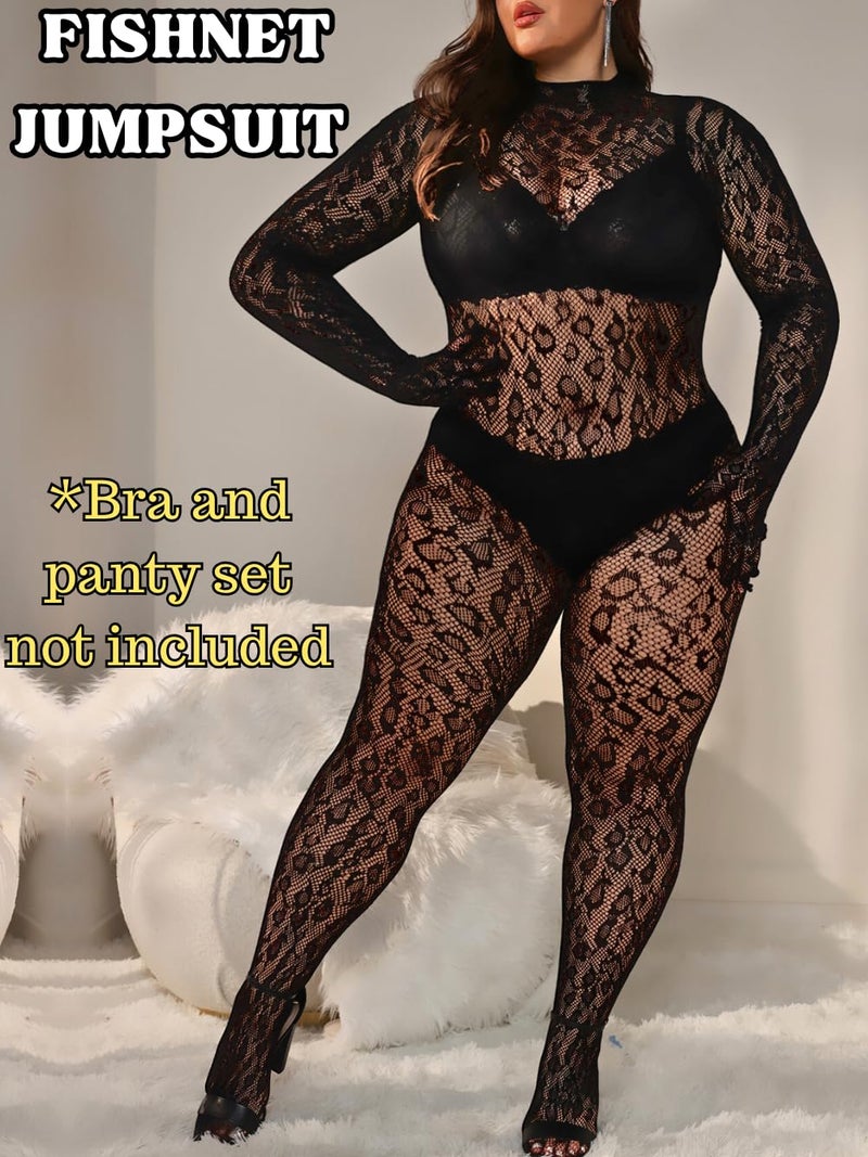 EHSUYAB Plus Size Fishnet Bodysuit For Curvy Women, Full Leopard Body Stockings Rave Outfit, Sexy Lace Jumpsuit Festival Club Black - Image 2