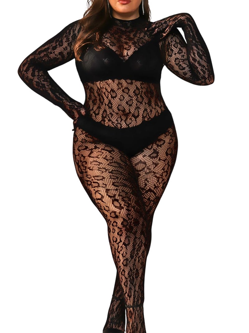 EHSUYAB Plus Size Fishnet Bodysuit For Curvy Women, Full Leopard Body Stockings Rave Outfit, Sexy Lace Jumpsuit Festival Club Black - Image 1