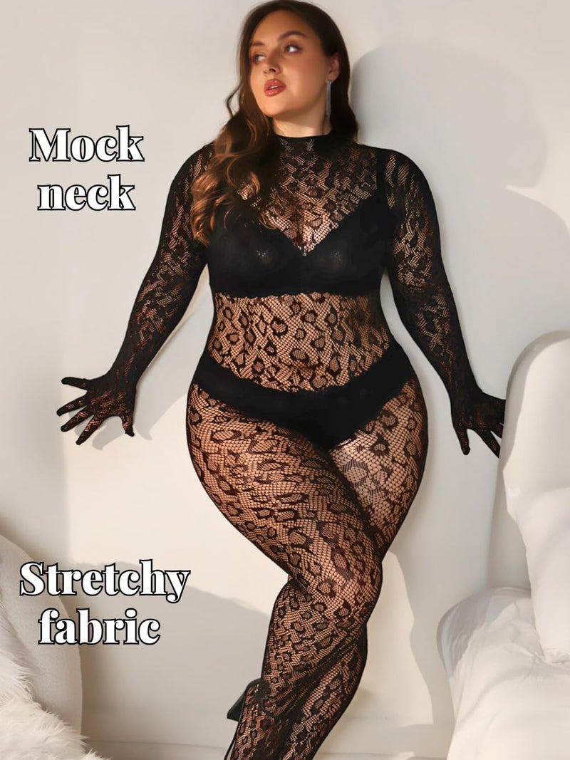 EHSUYAB Plus Size Fishnet Bodysuit For Curvy Women, Full Leopard Body Stockings Rave Outfit, Sexy Lace Jumpsuit Festival Club Black - Image 4