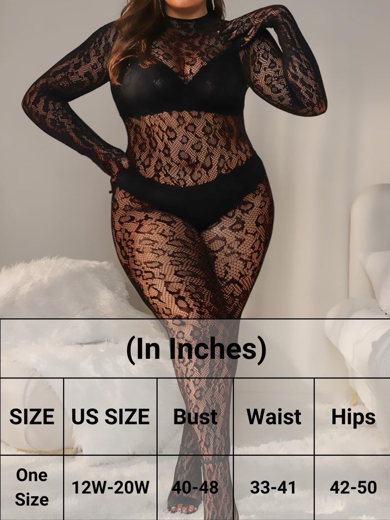 EHSUYAB Plus Size Fishnet Bodysuit For Curvy Women, Full Leopard Body Stockings Rave Outfit, Sexy Lace Jumpsuit Festival Club Black - Image 5